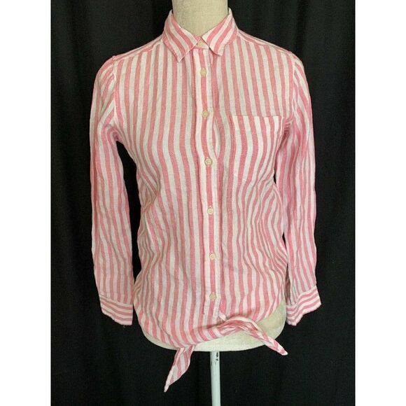 J Crew Striped 100% Linen white pink button down Long Sleeve top - Picture 1 of 6